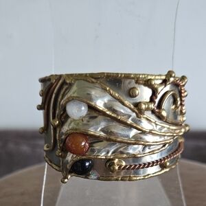 Elegant White Gold n Silver Cuff Bracelet. Mixed Metal Brutalist.With Gemstone.